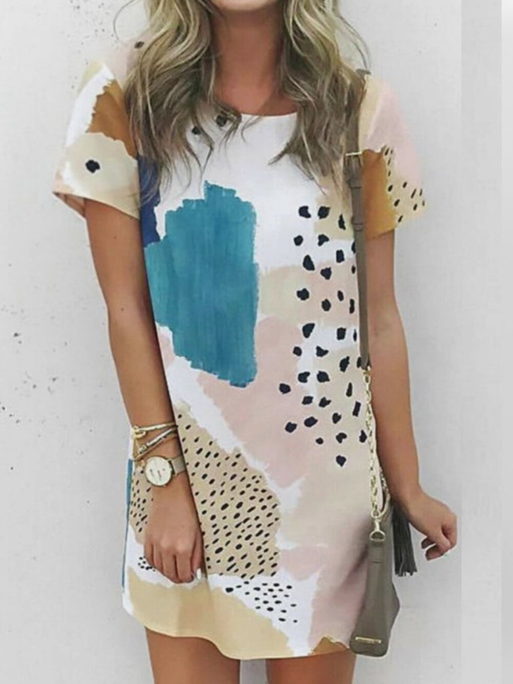 MINKPINK Sundowner Abstract Print Mini Dress in Teal, Pink, Beige